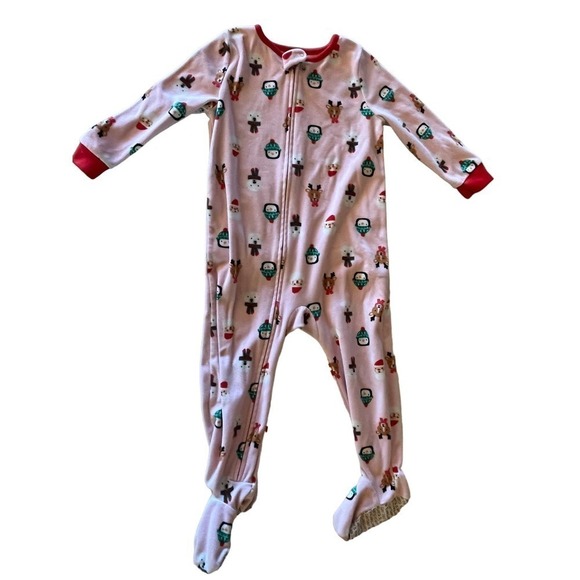 Carter's Toddler Girls Pink Fleece Christmas Zip Up Pajamas. 3T santa, penguin. - Picture 1 of 4